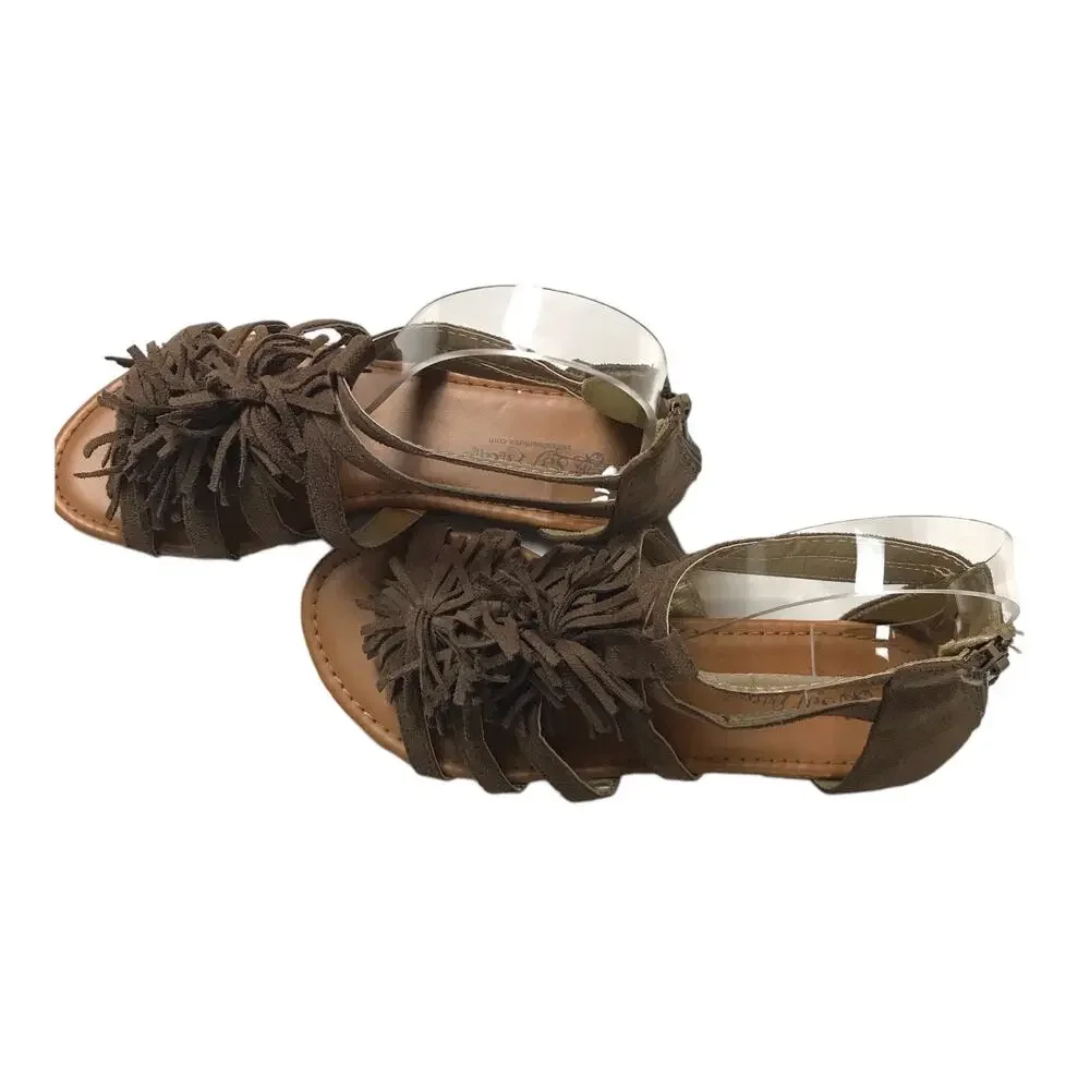 Self Esteem Sandals Taupe Faux Suede Strappy With Fringes Girls Size 4